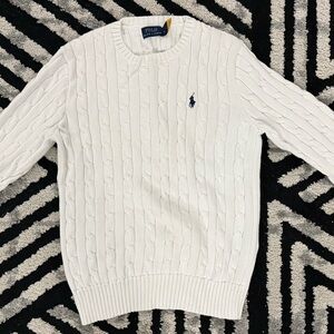 Ralph Lauren White Cable-Knit Crewneck Sweater with Navy Pony
